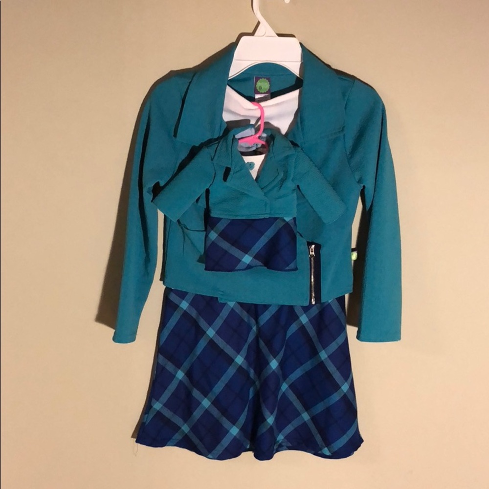 Dollie and me teal jacket with plaid skirt dress